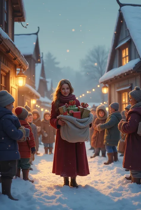 
Clara, holding the sack of gifts, walks through a snowy village, sharing the items with neighbors. People of all ages gather around her with smiles and gratitude, as a warm glow surrounds the entire village."
