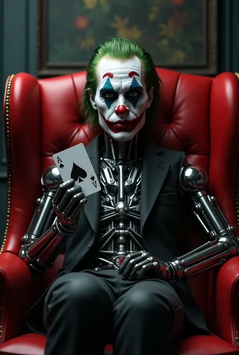 Joker like an android robot with his makeup on his full body face with an ace of pika in one hand sitting in a red armchair, hyperrealistic cinema quality, very detailed, well illuminated in 4k.