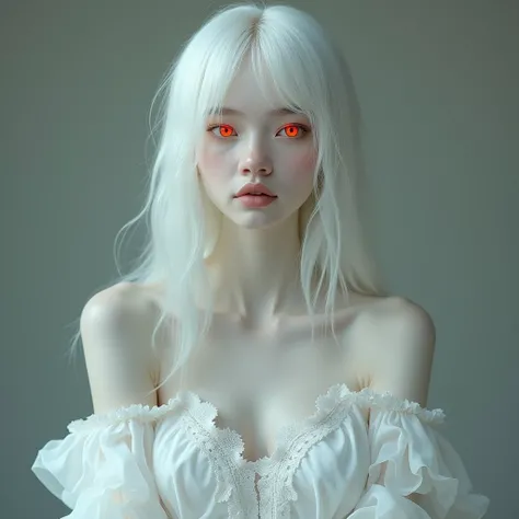 A pale albino woman with long, straight white hair and red eyes. White dress with lace, fragile girl, bust, Reality. 