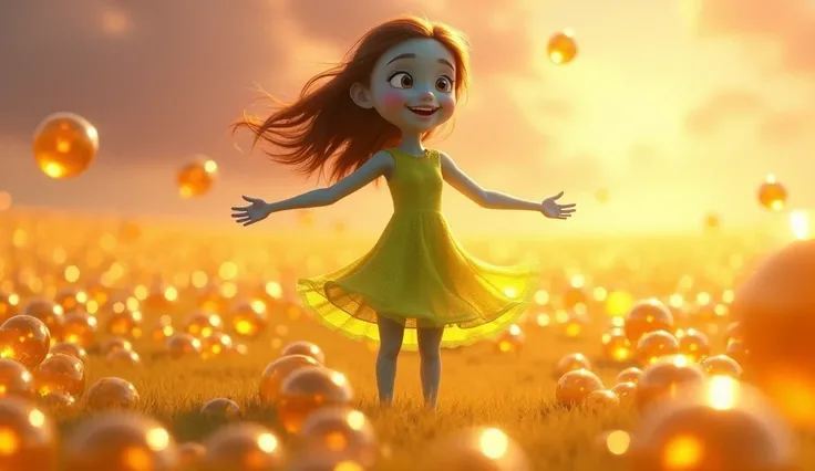 "happiness,  the central character of the movie Amusingly , Shes dancing on a vast field of orbs of golden memories that float in the air, reflecting scenes of pure happiness .  Her bluish skin has a faint glow that highlights her positive energy ,  while ...