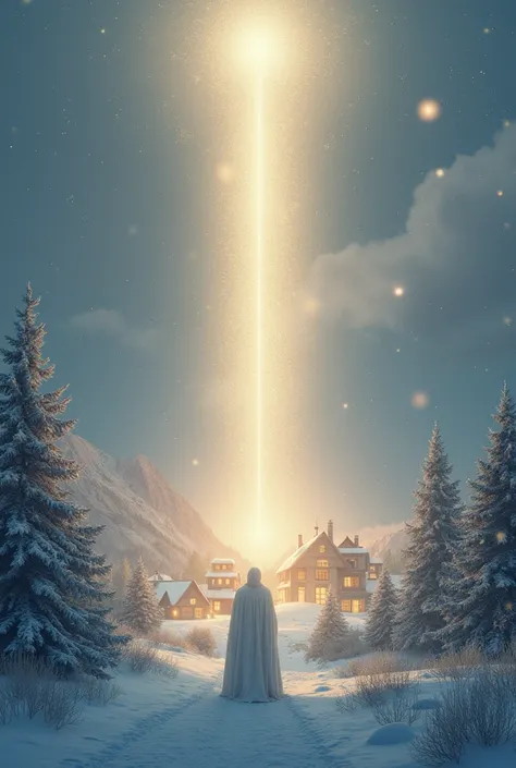 
A brilliant light descends from the sky over the village, as the Guardian of the Light watches from afar. The light envelops the village, bringing warmth and peace, while snow continues to fall gently from the sky."
