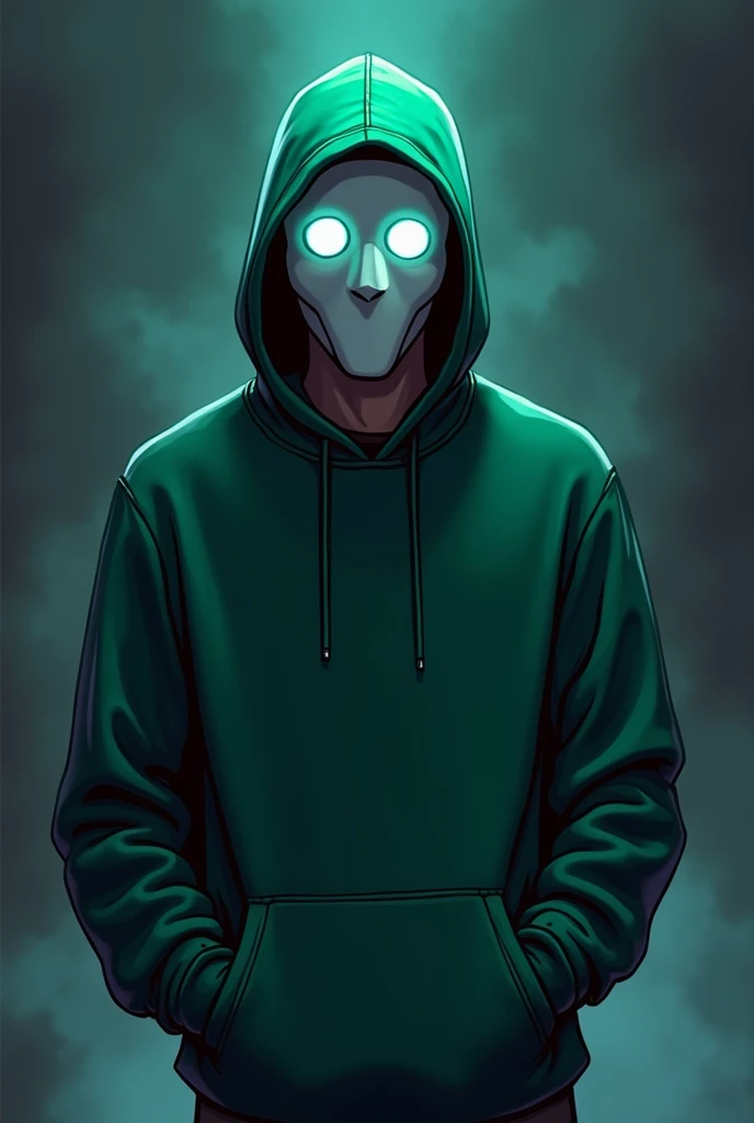 man, in Dark green sweatshirt, neon eyes, white mask, hands in pockets, Cartoon style 