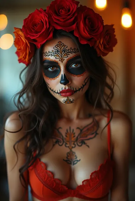 high quality masterpiece photograph of a sexy Sugar Skull woman, bokeh, nude, naked, nsfw, no clothes, desirable, body paint, sexy, alluring, seductive, flirty eyes