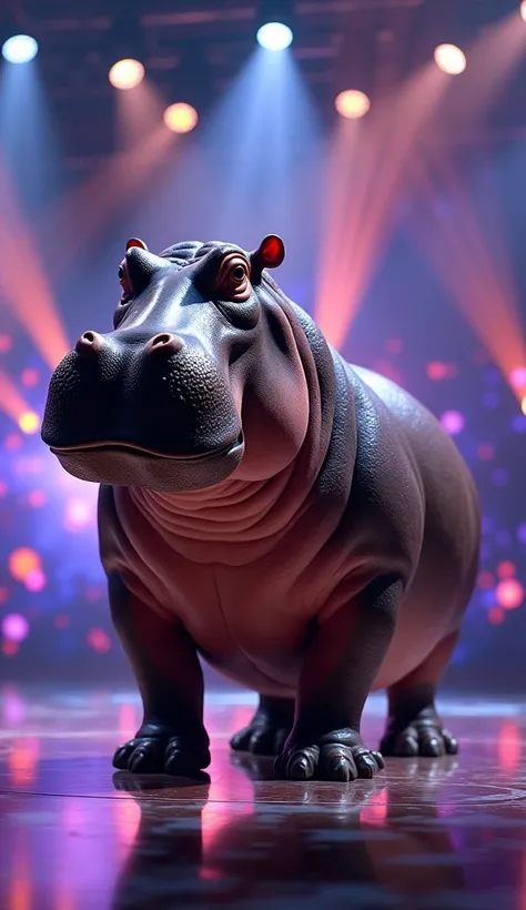 A full-body standing hippo with a realistic appearance and natural details. It is on the stage of "Americas Got Talent", with the same backdrop filled with vibrant lights and a shiny reflection on the polished floor. The hippo appears to be participating i...