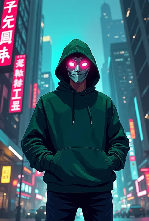 man, in Dark green sweatshirt, neon eyes, white mask, hands in pockets, Cartoon style, Cyberpunk setting