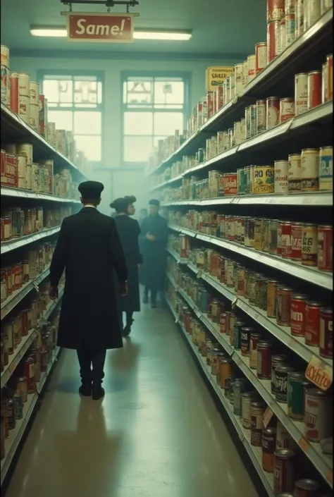 In grainy, analog German supermarket 1950s, black and white film flickers with static, trying to focus. Rows of neatly stacked tin cans, vintage signs, advertising milk for ten cents, and people in modest, old-fashioned clothes fill the aisles. short, the ...