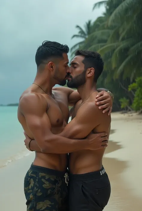 two men with hard and erect penises on a desert island, raining, Im hugging each other but the penises are hard and stay