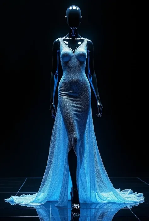  Black glass floor and black background .  black mannequin .  Glittering blue liquid glitter dress .  Full shine with max volume hairstyle wig and liquid royal jelly .  Luxurious shiny futuristic model .  Magnificent design . Dazzling pose . fabulous.  Wor...