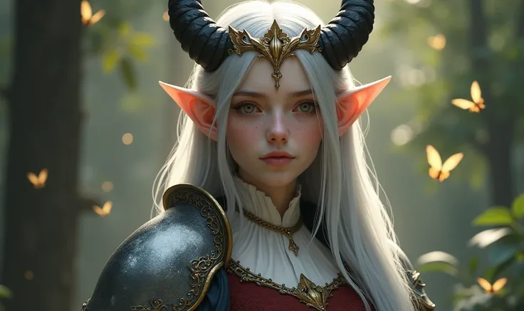 Character: A young woman with pale skin, subtle freckles, and a serene, peaceful expression, styled as a regal demon queen within a high fantasy setting. She has delicate, pointed elf ears with a soft, pinkish hue, and large, textured black horns that curv...