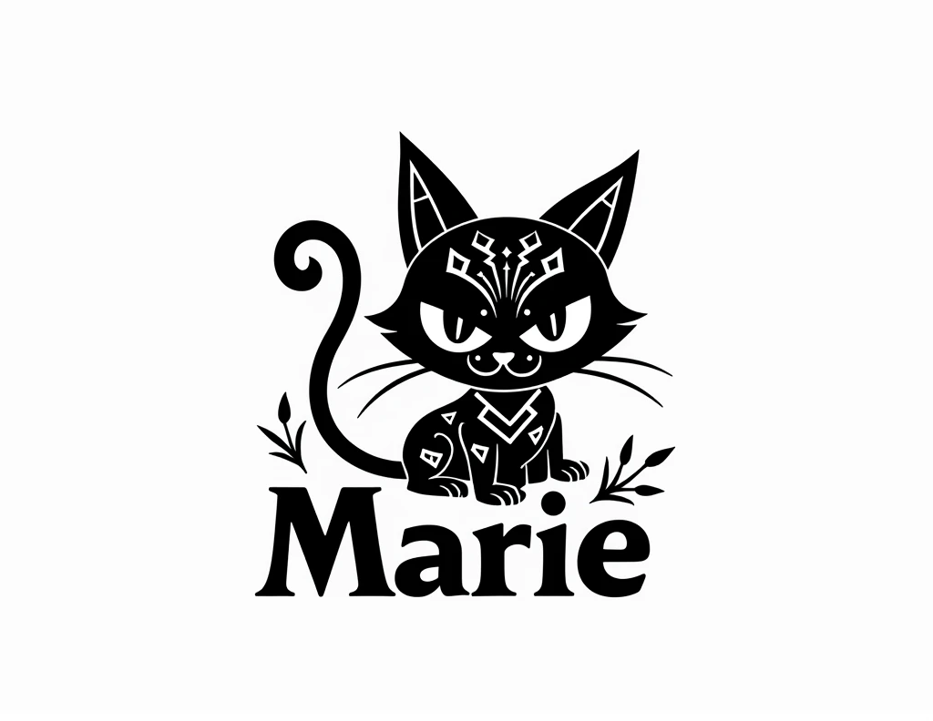 A vector image of a tribal cat with the first name Marie on the side in black and white on a white background