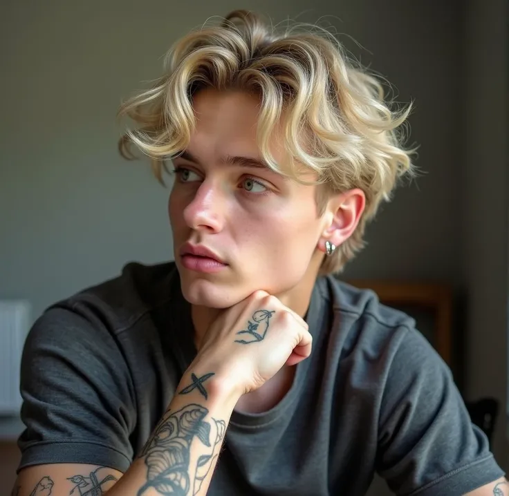 Cute hot sexy light skin guy 17 with bleach golden blonde wavy thick mid-length hair, his hairstyle is soft curtains and his sides are faded he has an undercut  and His big vivid green almond shaped big eyes. I want his side profile that shows His cute noi...