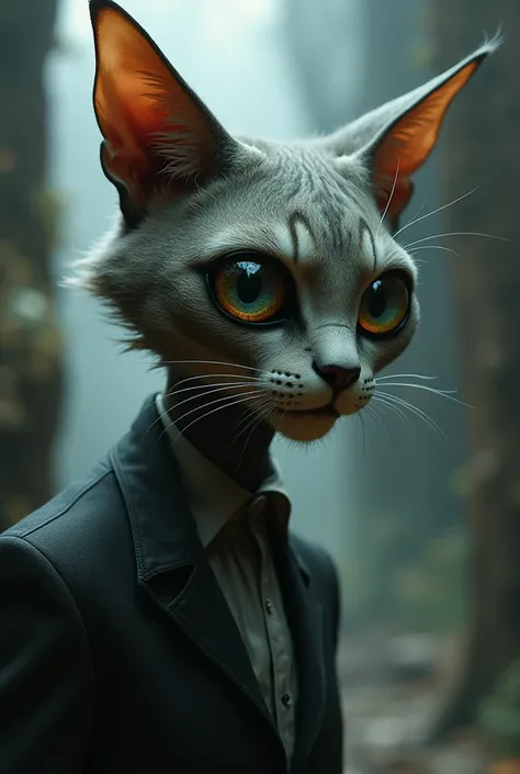 Create me a man with cat features ,  a strange hybrid with lenses