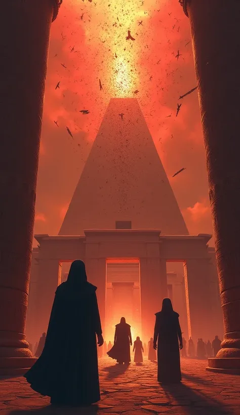 An ominous swarm of insects buzzing in a crimson-tinged sky, descending upon a grand Egyptian temple as priests look up in despair