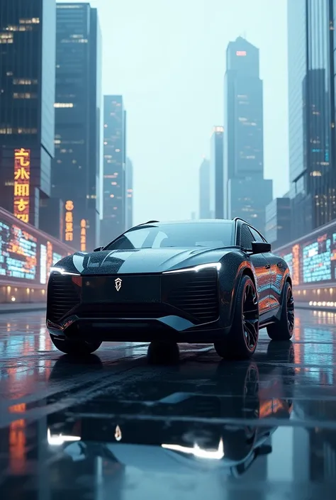 A highly detailed 3D advertisement of a SUV black and gray car; showcasing advanced technology and cutting-edge design; set in a high-tech urban environment with glowing holographic displays; dynamic camera angles emphasize its aerodynamic shape and luxuri...