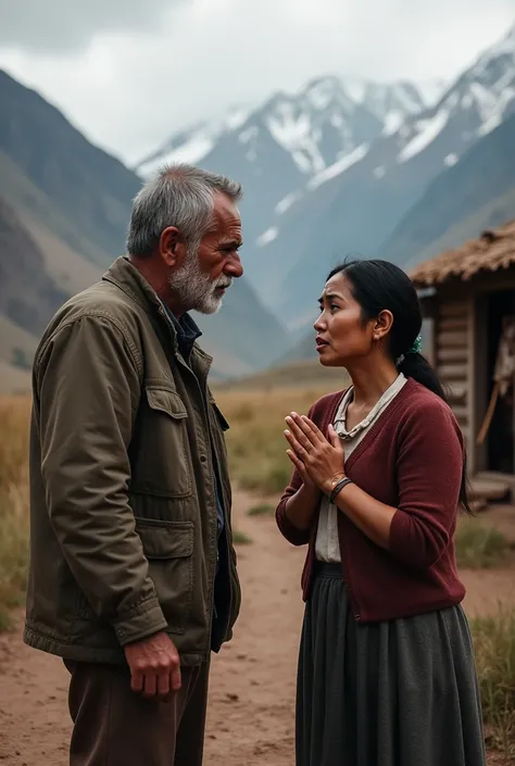 Peruvian highland man talks seriously with his wife while she cries