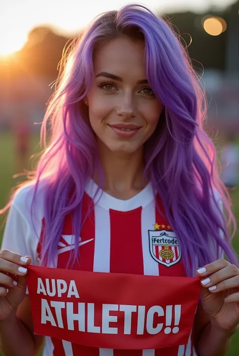 Extremely beautiful woman with vibrant purple hair, smiling, perfectly detailed body , hyperrealistic professional , full body, wearing a red and white striped football jersey. She holds a banner that says Aupa Athletic! in bold letters. Her eyes are capti...