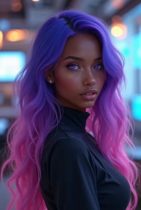  futuristic girl, dark skin, purple colored eyes , Room,  purple hair ,  Blue Hair, pink hair,  long hair, dark skin, futuristic cafe 