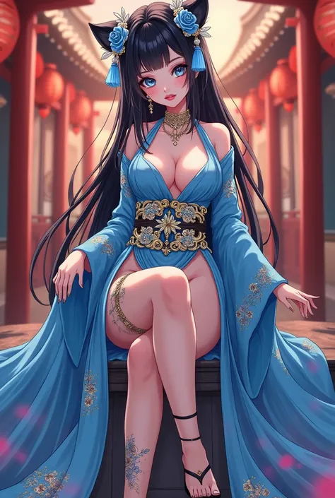 shemale ladyboy anime 
wearing sexy makeup wearing blue oriental clothes wearing an oriental geta