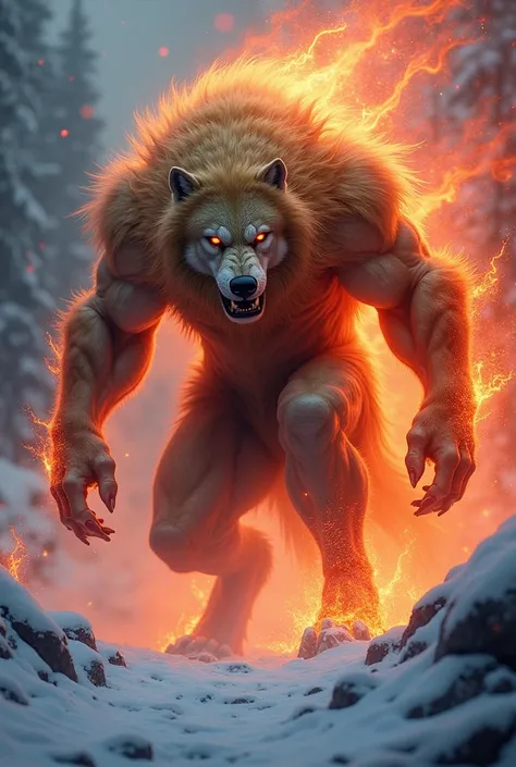 The man who is the big one、 Werewolf leaning forward and ready for battle、Warrior、 Full Body Golden Fur 、Red aura erupting into surroundings 、 Astonishing Eye、Snow Scene