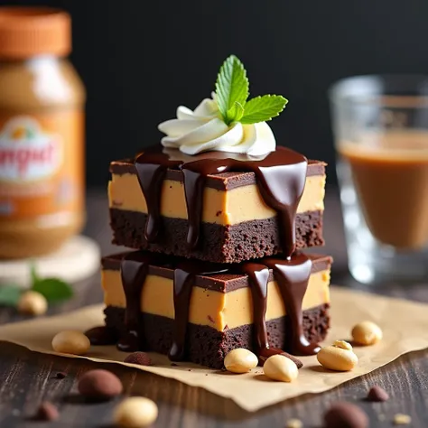 Professional Image of a high-resolution, close-up photograph of a dessert, specifically a stack of two layered chocolate and peanut butter bars. The layout is vertical, with the bars prominently centered. The bottom layer is a rich, dark chocolate base, wh...