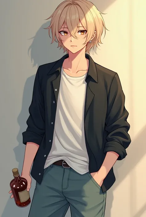 An anime femboy man with a white complexion ,  blond hair and something long that reaches her shoulders, brown iris eyes , dressed in short white flannel ,  a loose-fitting ankle jean ,  a black jacket and a bottle of alcohol in his hand .