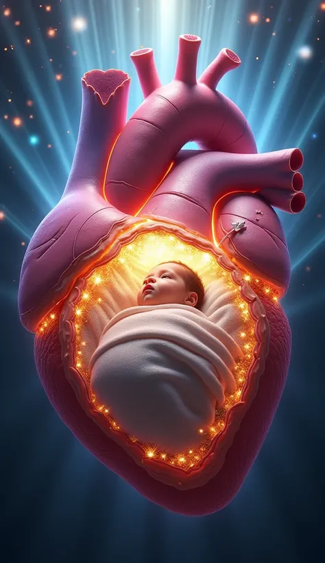 Image of a human heart ,  inside this heart a Golden Cradle with a baby,  flashes of blue and pink Light  , spirituality,  rebirth of humanity .