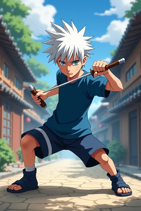 A 14-year-old Naruto anime-style boy with white hair wearing a blue t-shirt and blue shorts in a village in combat position with a kunai