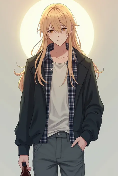 An anime femboy man with a white complexion ,  blond hair and something long that reaches his shoulders, brown iris eyes , dressed in short white flannel ,  a loose-fitting ankle jean ,  a black jacket and a bottle of alcohol in his hand .