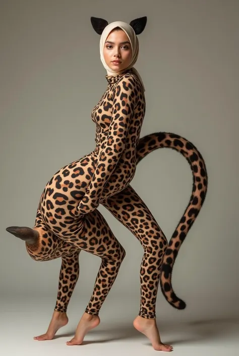 
"A beautiful adult Muslim woman, contortionist with cute cheeks, posing facing forward, wearing a leopard print lycra dance bodysuit with a high collar, with her full body visible. She wears a lycra elastane hijab with a leopard print pattern, and a pair ...