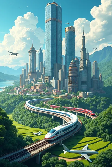 4D caricature of a developed city, modern buildings and modern transportation, airplanes, trains with views of green mountains and coastal rice fields
