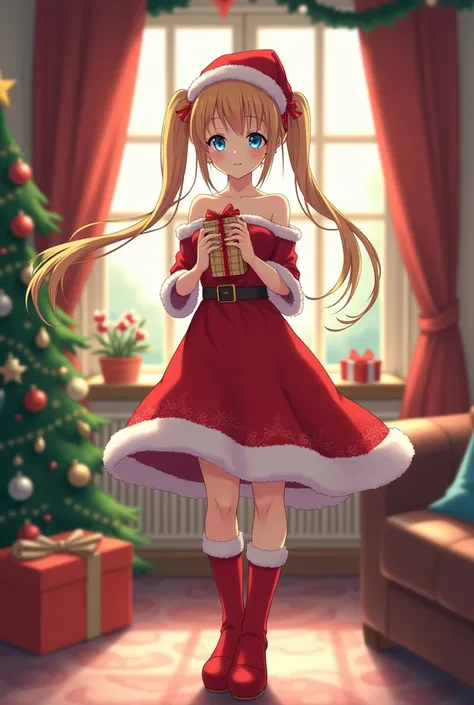  Serena Tsukino sexy anime adult woman smiling contented blue eyes long blonde hair tied up in two pigtails , Santa Claus red and white dress red Christmas hat tall red boots , carrying a small gift bag and with a gift in her hand ,  in her decorated Chris...