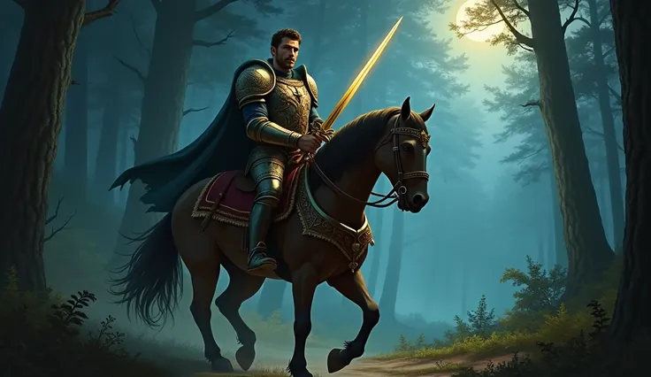 A valiant prince clad in ornate armor, riding a majestic horse through the dense forest. His face is resolute as he grips a glowing sword. Behind him, the forest looms dark and foreboding, with shadows of unknown creatures lurking. His path is illuminated ...