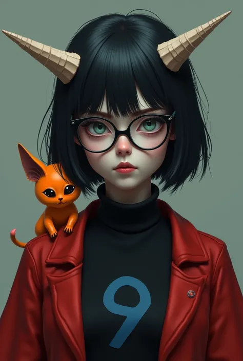 woman, with gray skin,  wearing rounded glasses and red ,  with pointed cone-shaped horns , Little and orange ,  with short black hair and wearing a black shirt with a navy blue symbol 