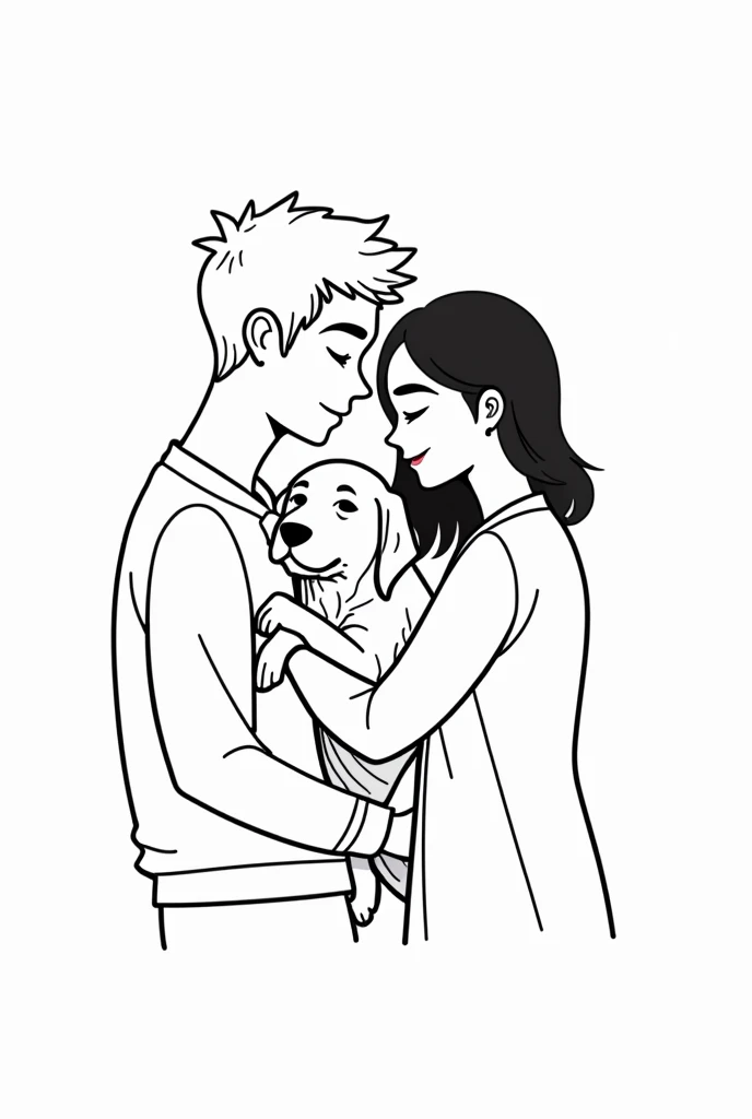 A minimalist black and white illustration showing a couple facing each other, lovingly hugging a dog, which appears to be a golden retriever. Both characters are smiling subtly, conveying a sense of warmth and affection. The lines are clean and simple, wit...