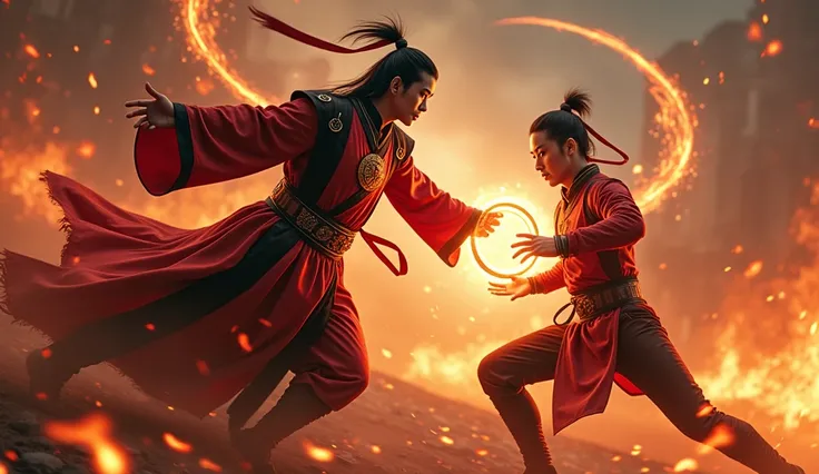 Create an epic poster featuring two powerful characters from a fictional universe. One character is a sorcerer dressed in a detailed, flowing red and black robe with an iconic magical pendant, while the other is a martial artist wearing a sleek red and bla...