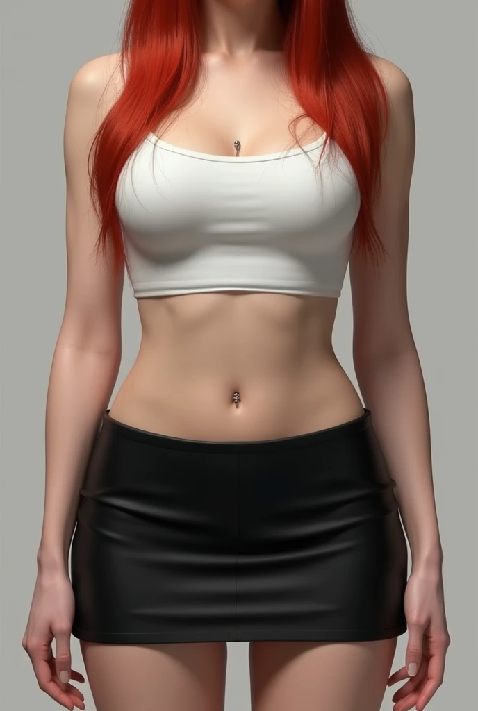 Create an image of the torso of a woman wearing a black mini skirt and a very short tight white top ,with bust,  Realistic skin with a light skin tone Portrait of RenderMan who cant see his face his thin wasp waist long straight red hair a piercing in the ...