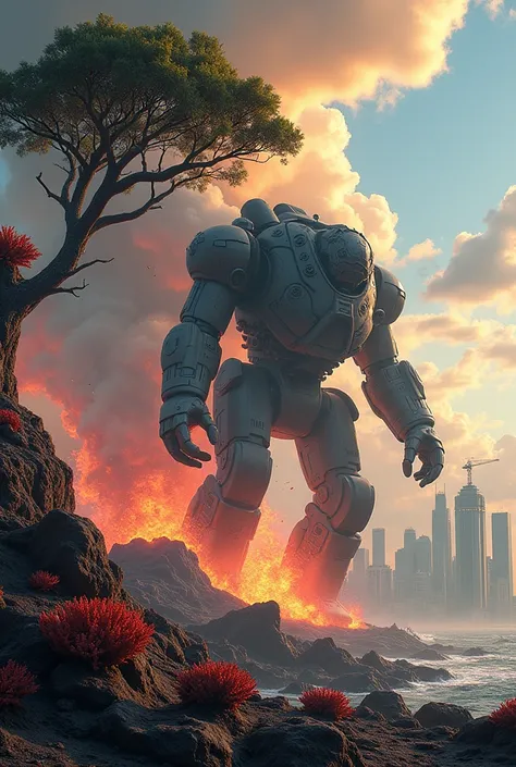 An image with a giant tree and a big robot crashing into a volcano with buildings behind and a crane and coral 