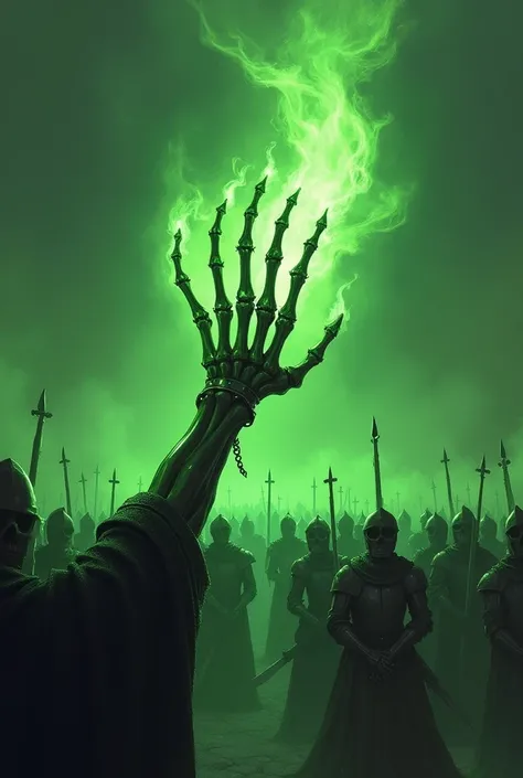 Close-up of a skeletal hand casting green flames shooting flames on an army of knights and they are desperate because they are on fire Dark fantasy setting 