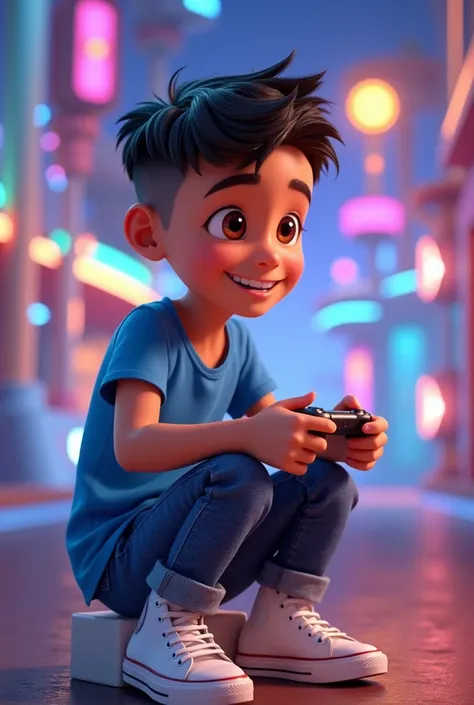  Pixar 3D image of a  light-skinned boy,  brown eyes ,  short hair shaved on the sides ,  wearing a blue t-shirt and jeans ,  wearing ALL Star white sneakers , Are you playing Game ,  around you have a video game scene  