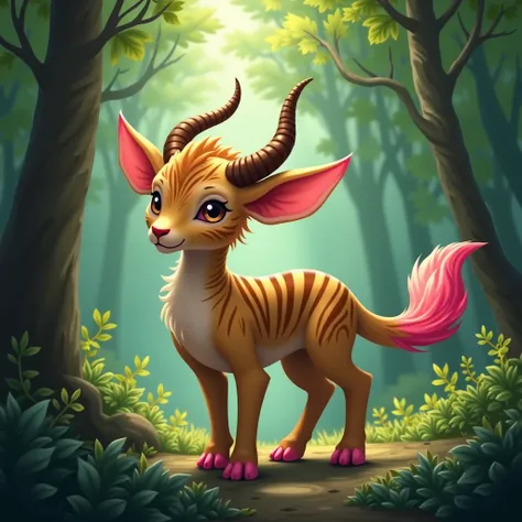 narrow.  in gold brown .  with dark brown stripes .  tail tips in pink red. with horns . in the forest