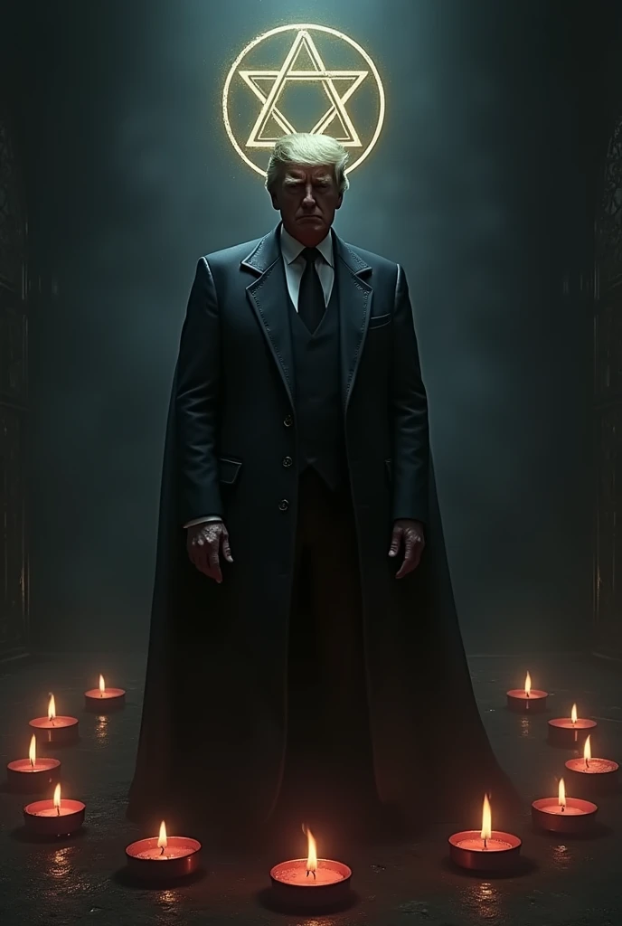  Donald Trump with black clothes ,  next to an illuminnatti symbol,  In a dark room , Circular candles 