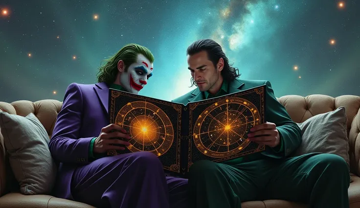 Joker and Loki sitting on a cosmic couch, holding star charts personalized with their names.