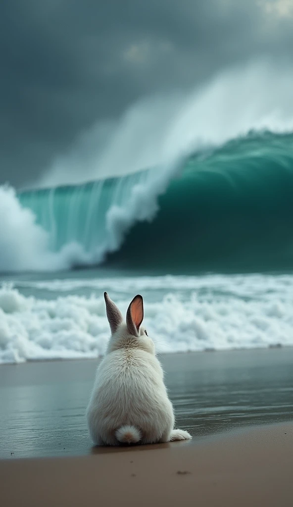 "A dramatic beach scene ,  with the same soft-haired white rabbit sitting on its back ,  watching an enormous wave approach the horizon . The sky is dark and charged,  with turbulent clouds reflecting the intensity of the storm .  The giant wave is capture...