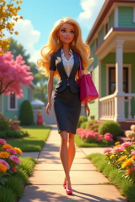 Create me a Disney-like 4k HD image of Barbie arriving home after a very long workday 