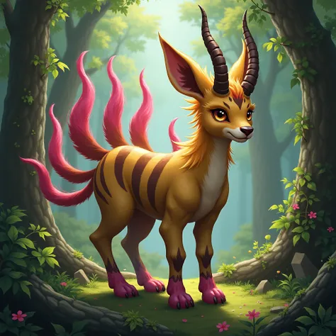 narrow.  in gold brown .  with dark brown stripes .  tail tips in pink red. with horns . in the forest. With nine tails