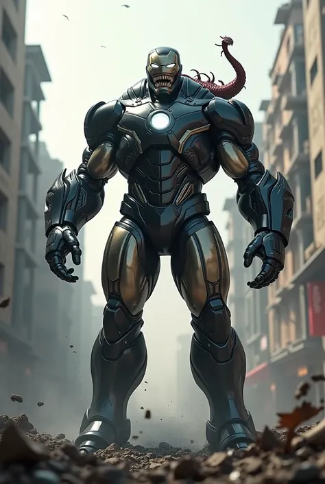 A muscular,hyper-realistic,16k resolution,unreal engine style hybrid of Ironman and a Marvel Venom with venomeyes and ironman mouth  in  the Middle of Destroyed city