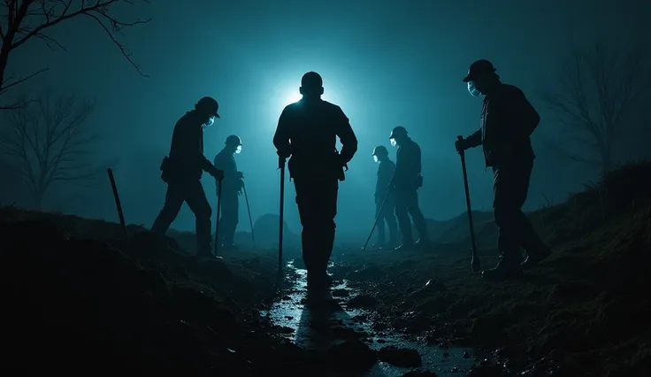 Scene of police officers and forensic doctors in a clearing, at night, working, unearthing remains, realistic image, Gloomy tones. 