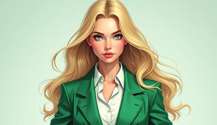 Create blonde woman wearing a white dress shirt and a green comicbook-shaped blazer