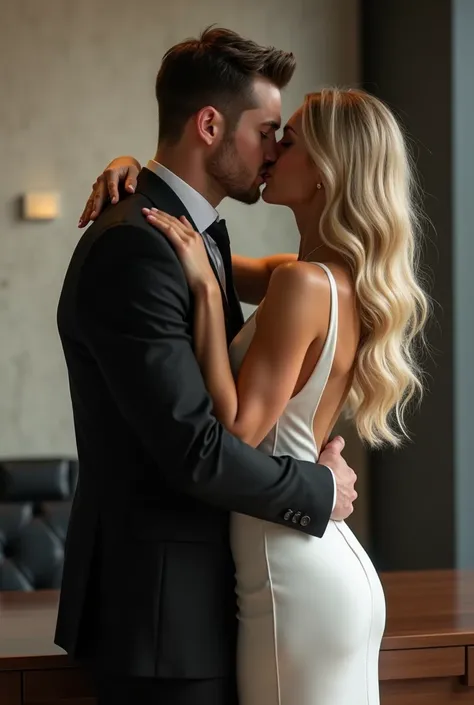 An athletic young man of about 23 years old ,  who wears an elegant black business suit ,  and a beautiful blonde woman of about 35 years old ,  wearing a white business dress . Both are in an office .  He pushes her against the desk and they kiss passiona...