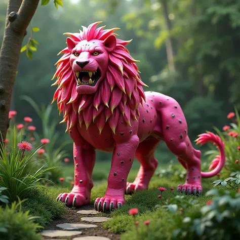 On a garden, standing a fierce lion made only of dragon fruit,realistic 